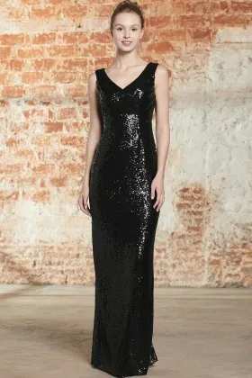 black sequin wide straps v neck closed back bridesmaid dress