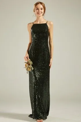 dark green sequin spaghetti strap sheath bridesmaid dress