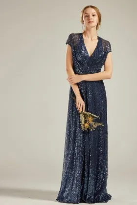 navy sequin empire waist cap sleeves long bridesmaid dress