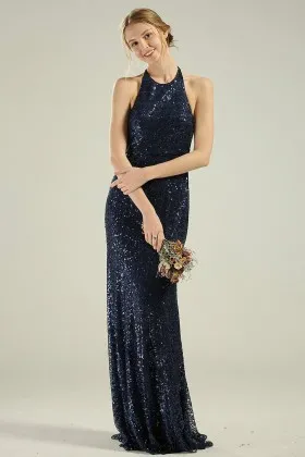 navy sequin halter sheath long bridesmaid dress