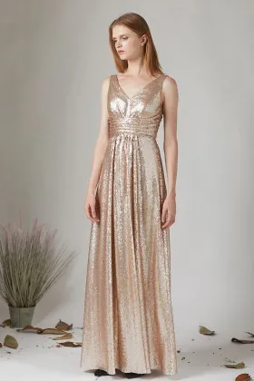 champagne gold sequin v neck a line bridesmaid dress