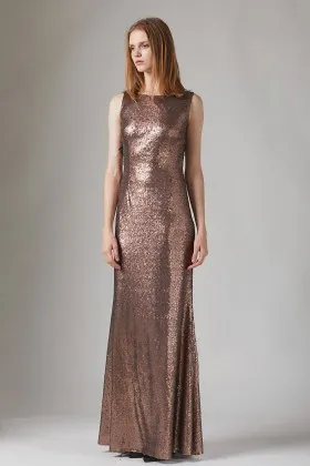 bronze brown sequin bateau neck retro bridesmaid dress