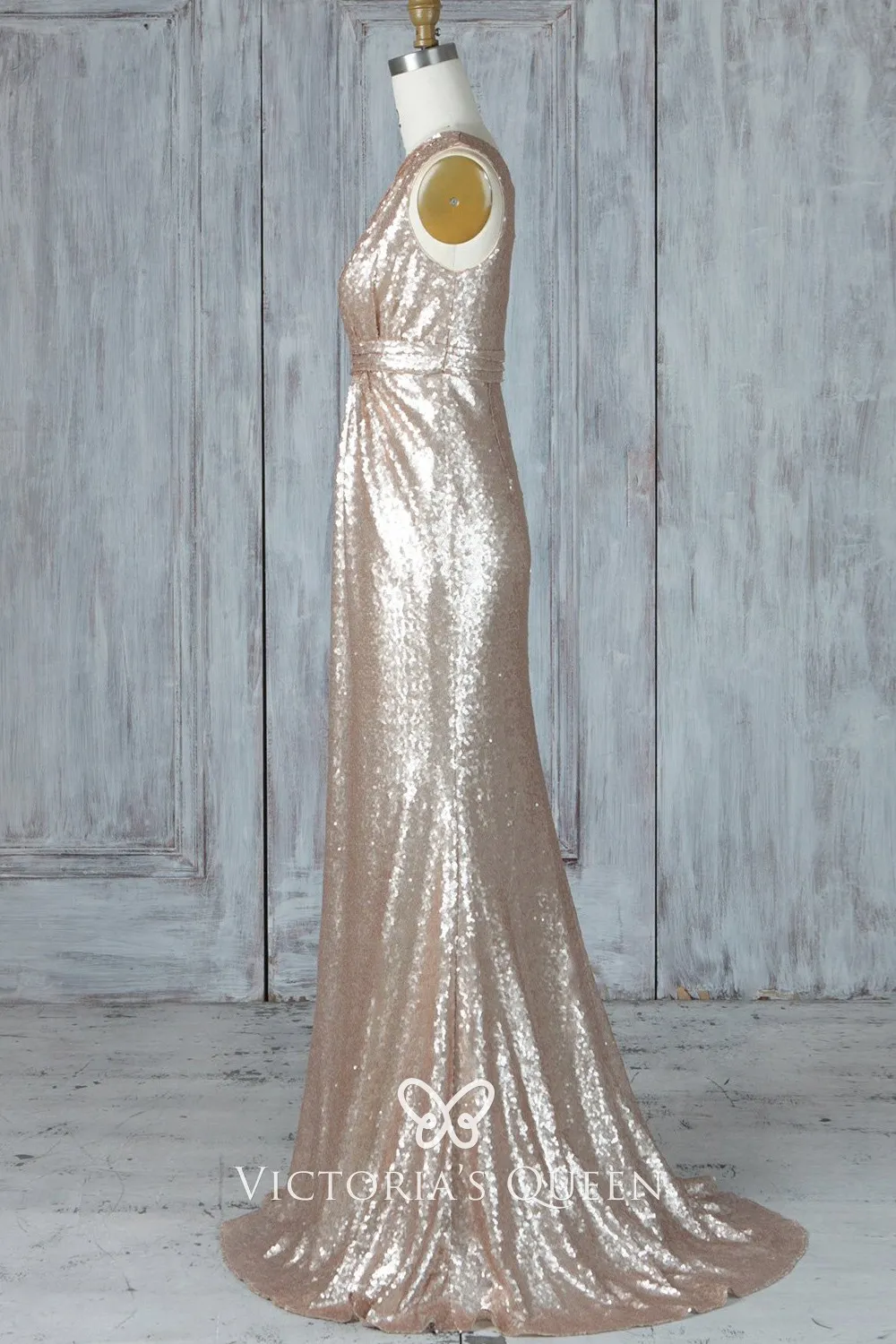 Champagne Gold Sequin One Shoulder Pleated Bridesmaid Dress - VQ