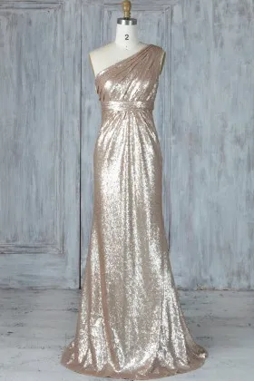 champagne gold sequin one shoulder pleated bridesmaid dress