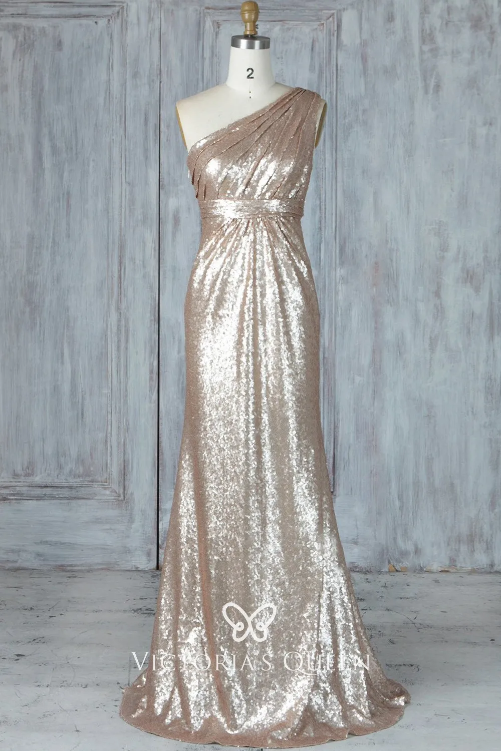 Champagne Gold Sequin One Shoulder Pleated Bridesmaid Dress VQ