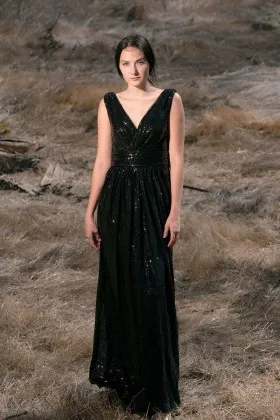 black sequin v neck a line pleated long bridesmaid dress