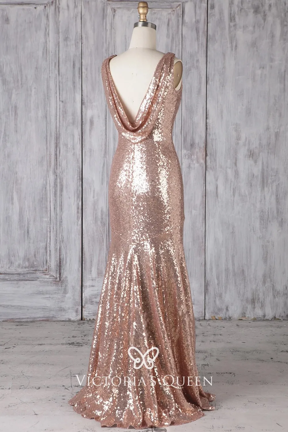 Rose Gold Sequin Bateau Neckline Mermaid Bridesmaid Gown - VQ