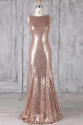 rose gold sequin bateau neckline mermaid bridesmaid gown