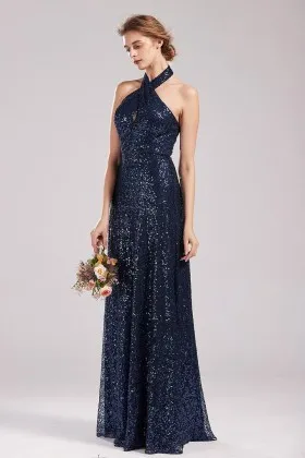 navy sequin halter strap open back a line bridesmaid dress