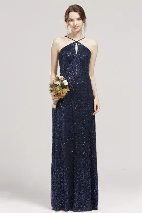 navy sequin keyhole neckline thin halter straps bridal dress