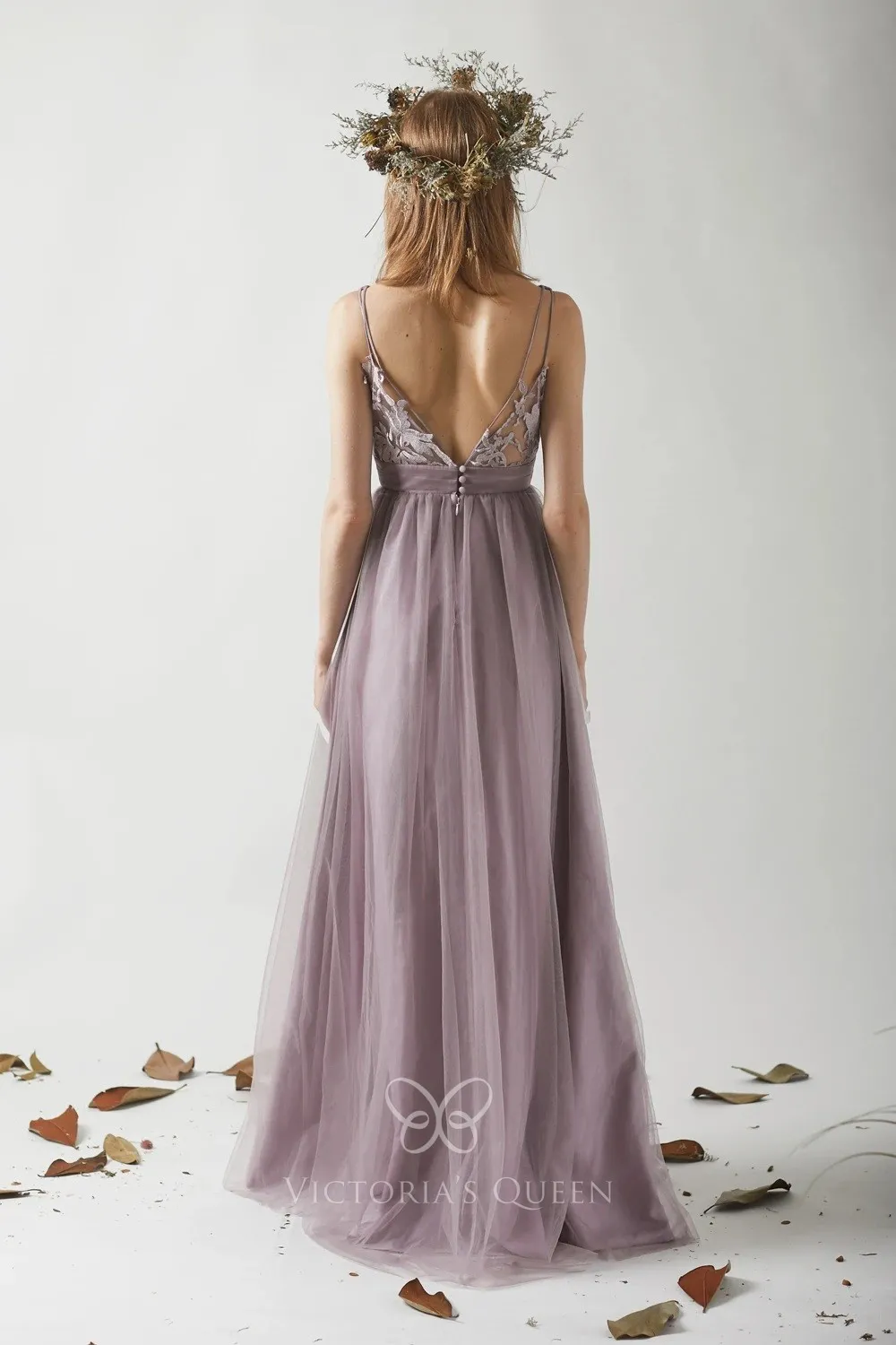 low V back mauve tulle sleeveless bridesmaid dress low V back mauve tulle sleeveless bridesmaid dress
