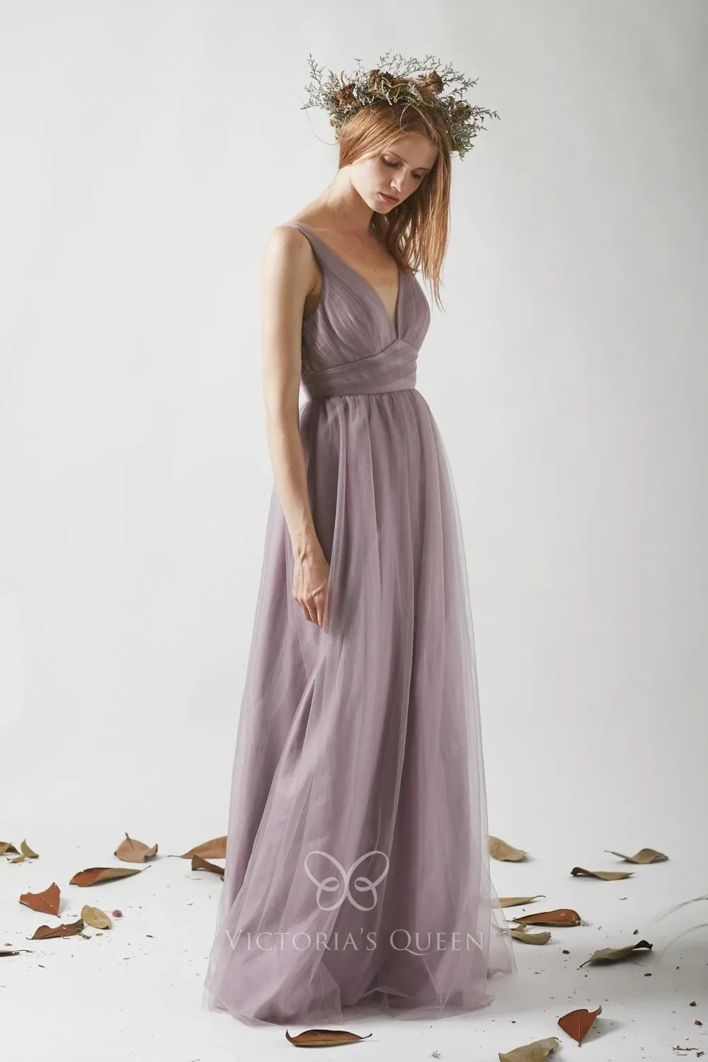 mauve tulle V neck sleeveless long bridesmaid dress mauve tulle V neck sleeveless long bridesmaid dress