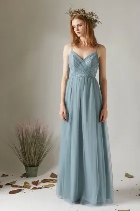 dusty blue lace tulle criss cross wedding bridesmaid gown