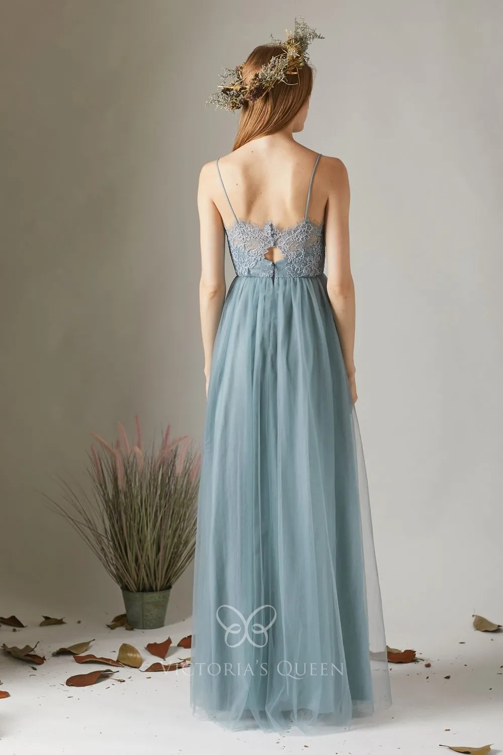 V-neck Bridesmaid Dress with Cross Back Slate Blue