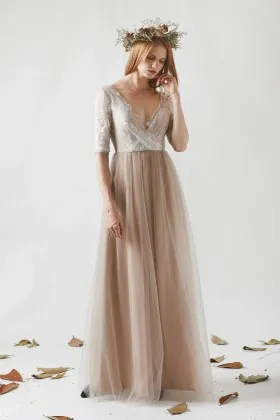 ivory lace nude satin tulle half sleeve vintage party gown