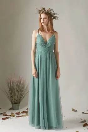 deep V neck dusty green tulle bridesmaid dress