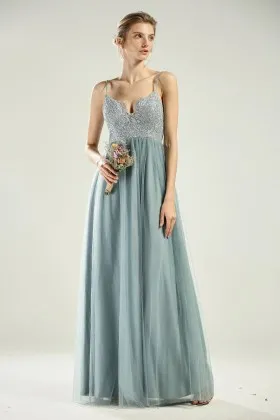 spaghetti straps v neck dusty blue country bridesmaid gown