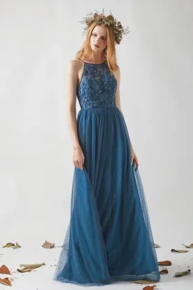 ink blue floral lace tulle halter a line bridal party dress