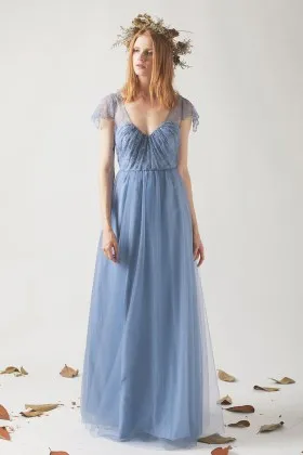 illusion blue lace cap sleeves v neck wedding party dress