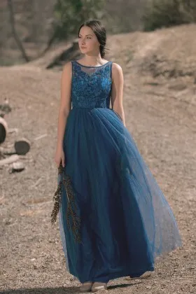 illusion neck ink blue lace tulle rustic bridesmaid dress