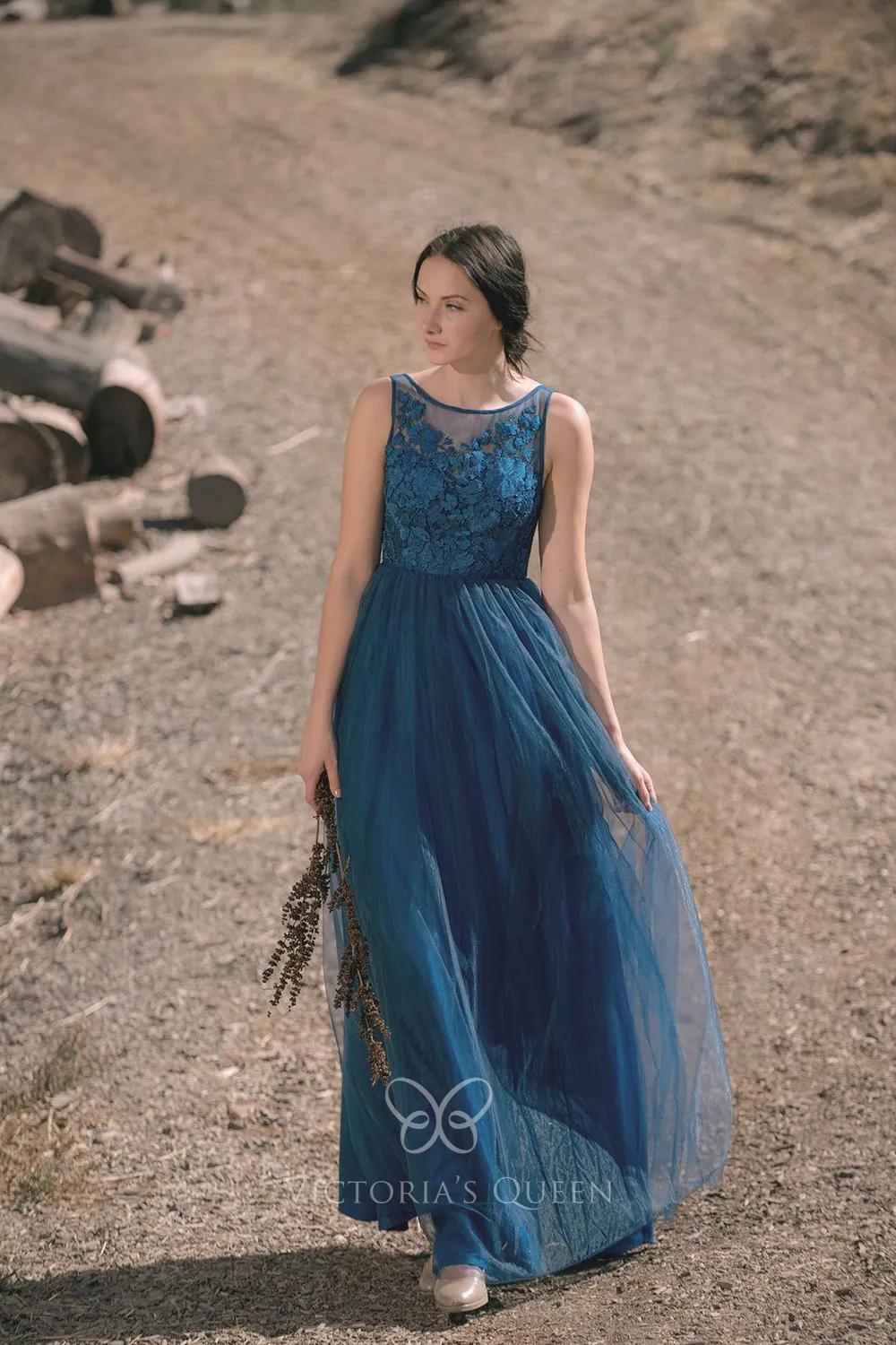 Sleeveless Bridesmaid Gown with Ruffles Ink Blue main image 1