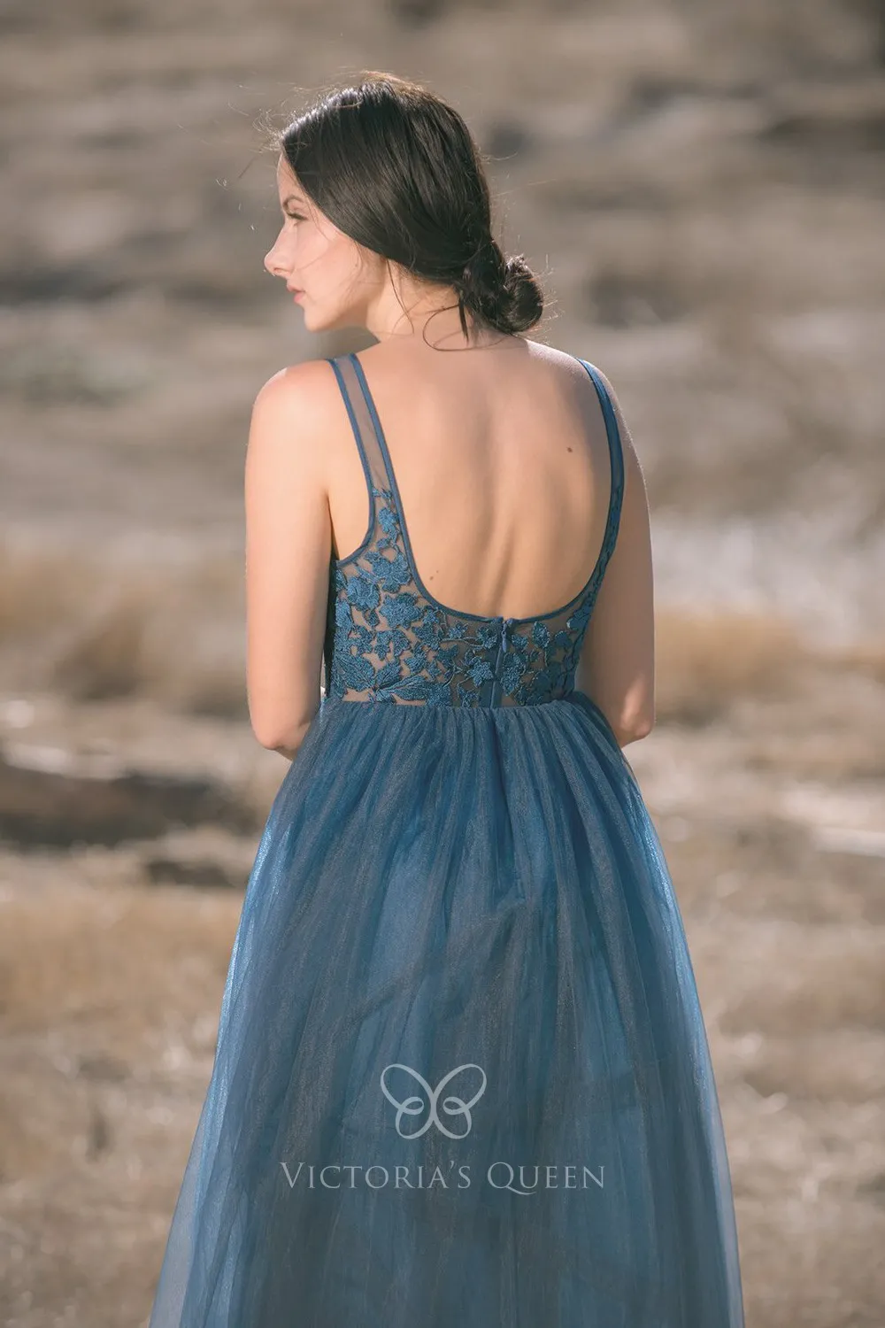 Long Tulle Bridesmaid Dress with Illusion Neck Terracotta