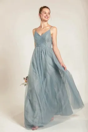 dusty blue tulle v neck spaghetti straps bridesmaid dress