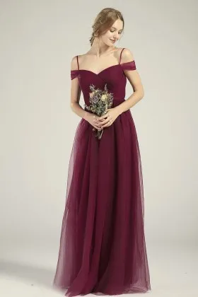 off shoulder cold shoulder wine tulle a line bridesmaid gown