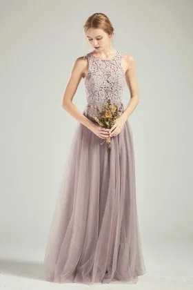 rustic tan lace tulle sleeveless a line bridal party dress