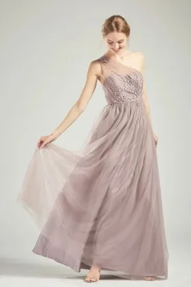 exclusive one shoulder lace appliqued tulle bridesmaid dress