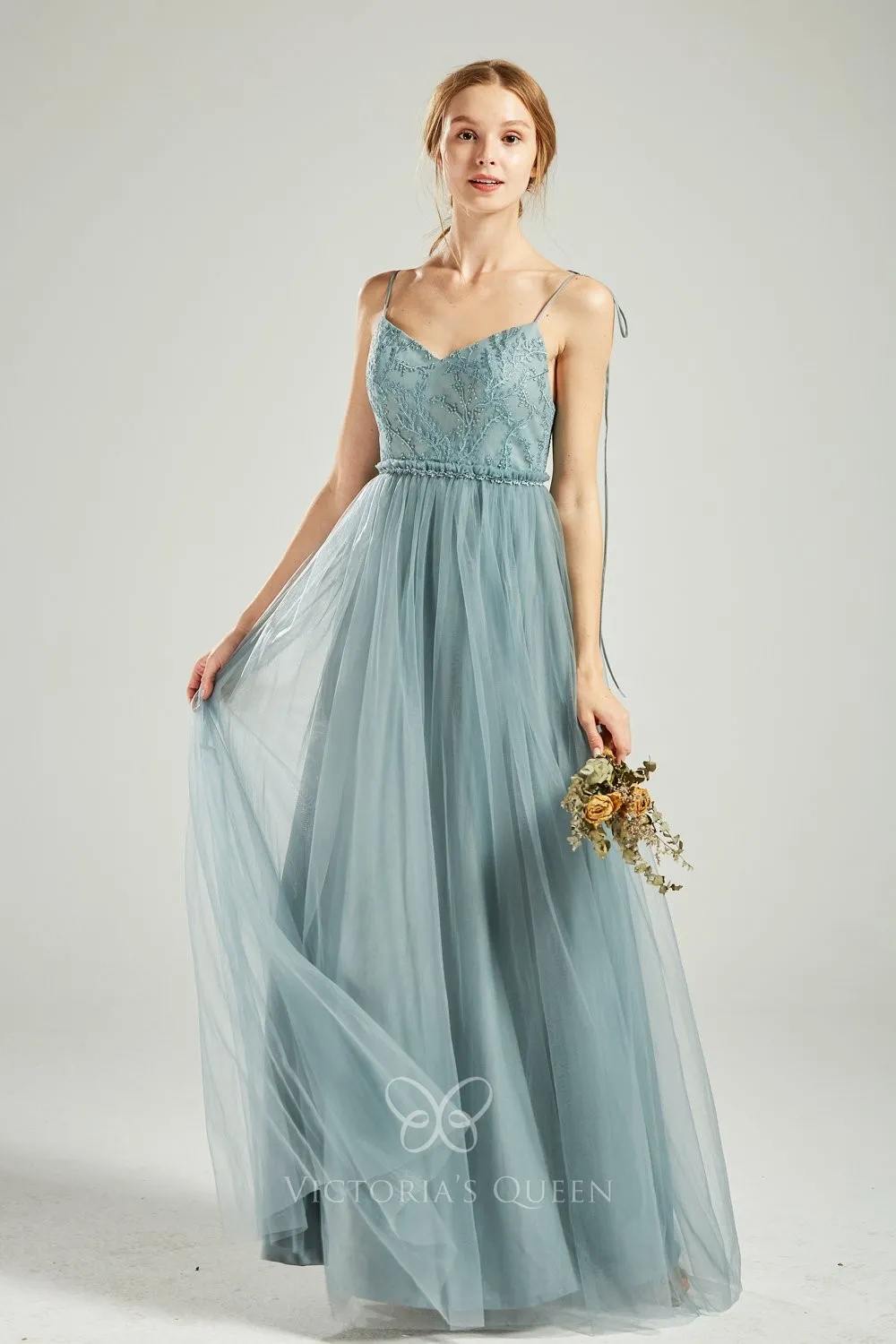 Dusty Blue Spaghetti Strap Lace Appliqued & Tulle Party Gown - VQ