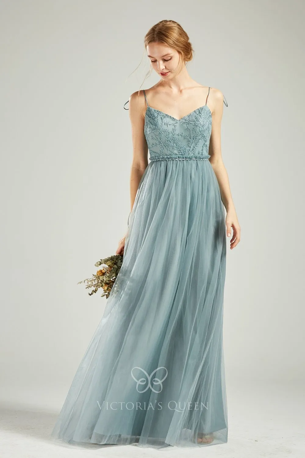 Dusty Blue Spaghetti Strap Lace Appliqued & Tulle Party Gown - VQ