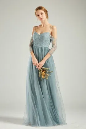 dusty blue lace tulle illusion 34 sleeves bridal party gown