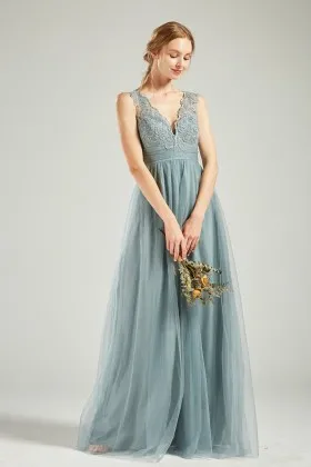 scalloped v neck dusty blue lace tulle a line party gown