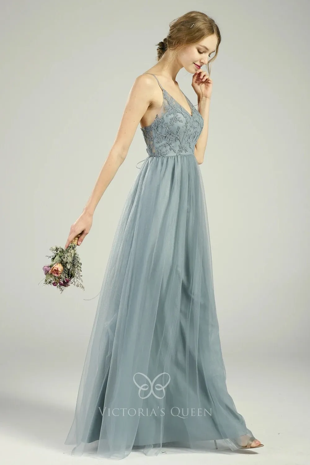 Grey Blue Tulle Bridesmaid Dress with Lace