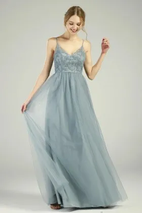 dusty blue lace tulle v neck strappy back bridesmaid dress
