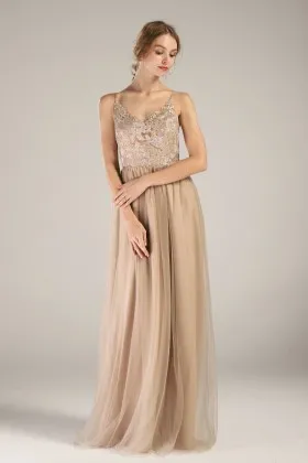 khaki lace tulle spaghetti straps low back bridesmaid dress