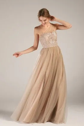 sexy one shoulder nude lace tulle split bridesmaid dress