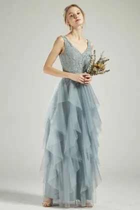 dusty blue lace ruffled tulle v neck long bridesmaid dress