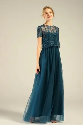 ink blue tulle overlay bridal party dress with lace jacket