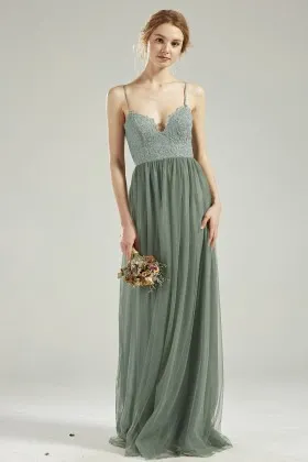 sweetheart spaghetti strap sage lace tulle bridal party gown