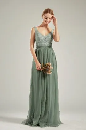 dusty sage lace tulle deep v neck summer bridesmaid dress
