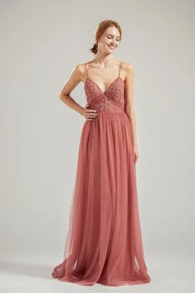 flirty brick red lace tulle deep v neck bridesmaid dress