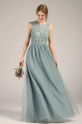crew neck sleeveless dusty blue open back bridesmaid dress