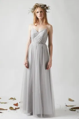 light grey tulle overlay a line long summer bridesmaid dress