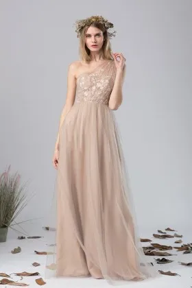 one shoulder floral lace nude tulle overlay bridesmaid dress