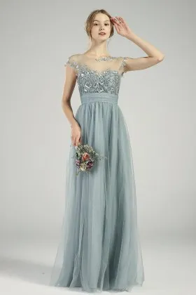 dusty blue sequinned floral lace cap sleeve bridesmaid dress