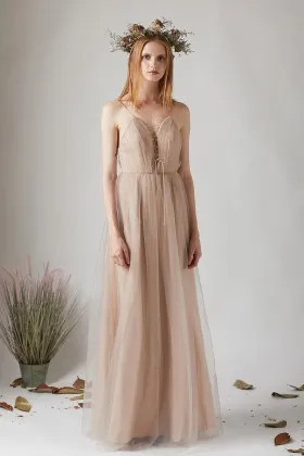 seductive plunging neck lace up low back bridesmaid gown