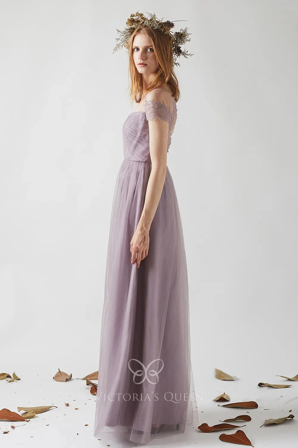 Mauve Round Neck Cape Sleeves Dress