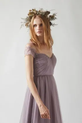 illusion lace cap sleeves mauve tulle maid of honor dress